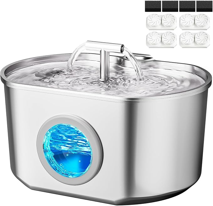 Cat Water Fountain Stainless Steel - 2.2L/74oz Cat Drinking Fountain | Pet Water Fountain for Cats Inside - Ultra Quiet Pet Watering Dispenser - for Small Animals (4 Filters)