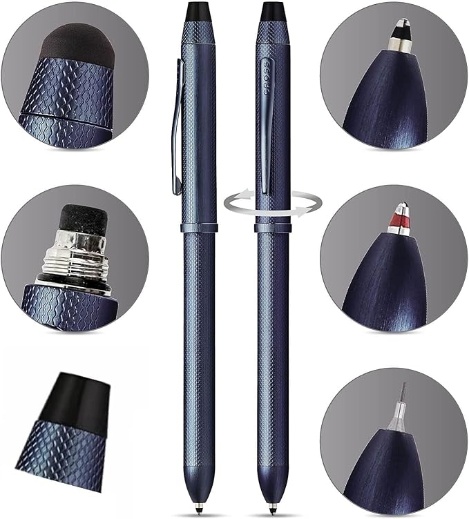Cross Tech3+ with Sophisticated Brushed diamond pattern finish Barrel & interchangeable cap tops, Multi-function Pen - 0.5 MM Lead Pencil, Black & Red Ink Refills in One Pen. (Blue)