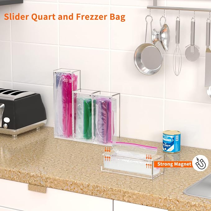 FEMELI Food Bag Storage Organizer Acrylic Kitchen Drawer Baggie Box Clear | 4 Separate Pack Compatible with Gallon, Slider Quart, Freezer, Sandwich, Snack, Variety Size Bags