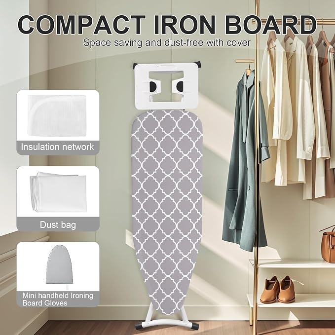 Ironing Board,Foldable Ironing Board Adjustable Height Compact Iron Board Thick Steel Tube Iron Board with Holder,Replacing Cloth Cover and Mini Handheld Gloves,Gift for Women(Grey Texture)