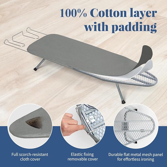 Tabletop Ironing Board with Iron Rest 31"x12" Grey | BlissBoard Small Foldable Mini Compact Iron Table, Heat Resistant Cover for Dorms, Apartment and Travel
