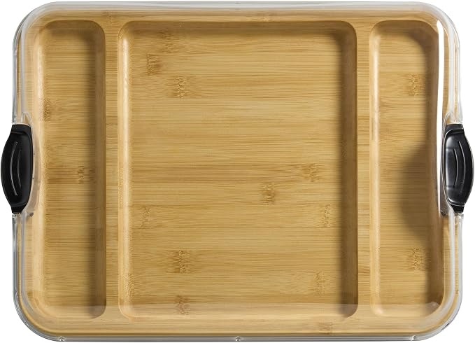 FARBERWARE Build-a-Board Cutting Board with Three Compartments and Clear Locking Lid for Charcuterie, Snacks, and More, Bamboo