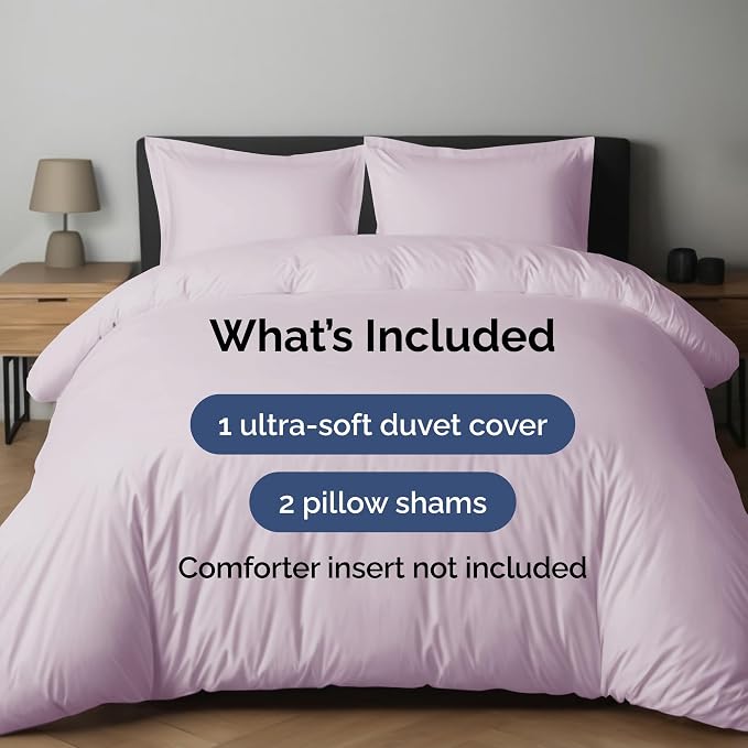 Duvet Cover Queen Size Set - Extra Soft Queen Size Duvet Cover 90 x 90 with 2 Pillow Shams - Hotel Luxury Easy Care and Fade Free w/Zipper Closures & Ties - Breathable Bedding Set (Light Lavender)