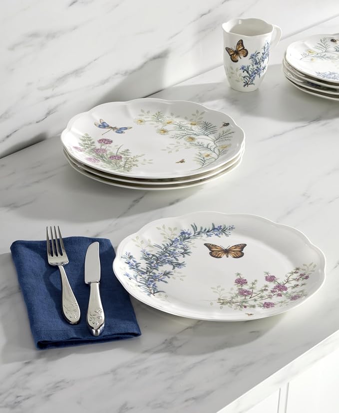 Lenox Butterfly Meadow Herbs Porcelain Dinner Plate Set for 4 | Dishwasher safe | 10.75 inch diameter | floral, everyday dining, gift for women, kitchen essentials, dinnerware