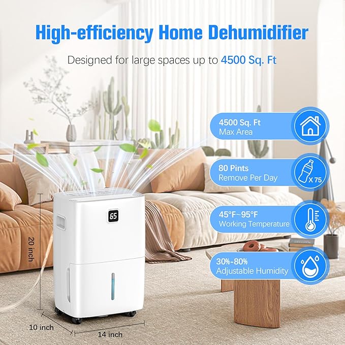 DEVERSE Max 80 Pints Energy Star Dehumidifier for Home/Bedroom/Basement, 5000 Sq.Ft Coverage, with Drain Hose, Smart Humidity Control & Large Tank