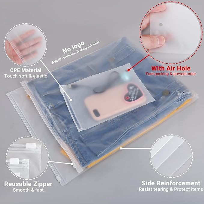 Clothes Packaging Bags for Shipping, 200 Count 10x13 inch Frosted Zipper Plastic Bags for Clothing, Clear Plastic Apparel Bag for Packaging T-Shirt, Shirt, Document, 3 Mil, with Vent Holes