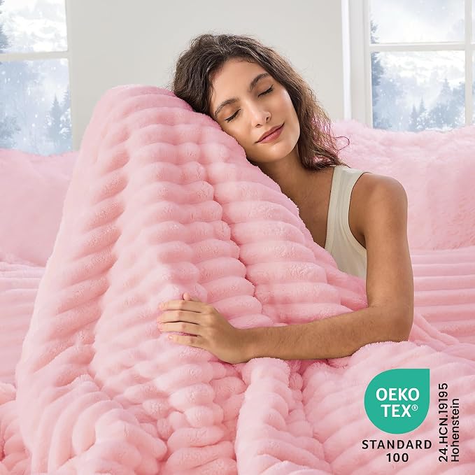 Sasttie King Comforter Set 3 Pieces - Super Soft Fleece Comforters King Size, 1 Luxury Warm Fuzzy Marshmallow Comforter with 2 Pillow Cases, Faux Fur Down Alternative Bedding Set, Pink