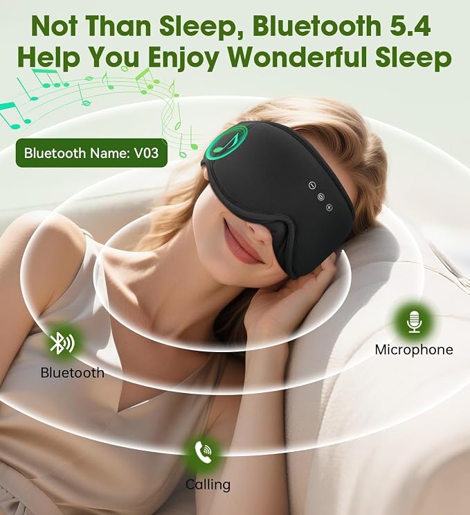 Bamboo Cotton Large Sleep Mask with Bluetooth Wireless Headphones - Blackout Eye Mask for Sleeping 3D Contoured Sleep Headband Ear Muffs Lengthen & Low Noise Hook for Better Experience (Black)