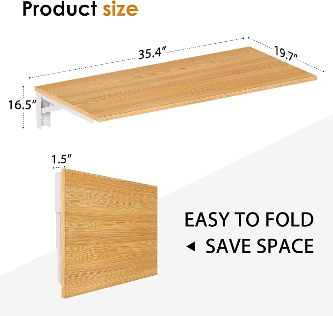Need 36x20IN Wall Mounted Folding Table for Office Laundry Teak | White Frame Fold Down Wall Mount Desk Folding Wall Table for Small Apartment, Garage&Ironing Station