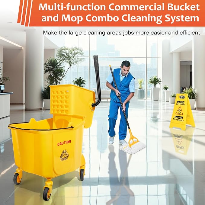 35 Qt Commercial Mop Bucket with Side Press Wringer on Wheels Set | Including 35 Quart Industrial Mop Bucket |1 Commercial Mop |1 Wet Floor Caution Sign | Yellow