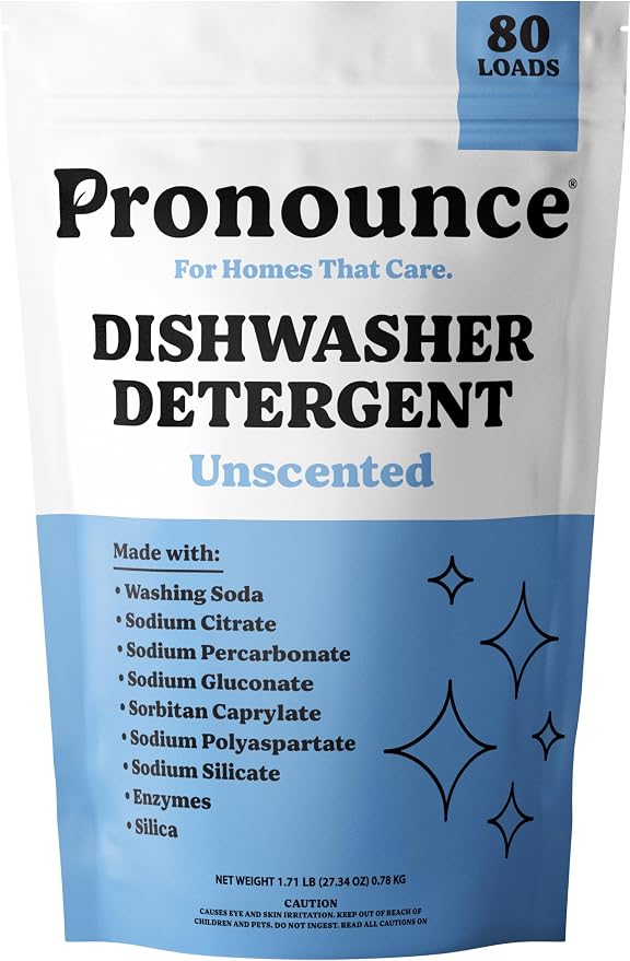 Pronounce Dishwasher Detergent Powder - Cleaner Ingredients, Fragrance Free - Ultra Concentrated, Cuts Grease and Grime, Dishwasher Pods Alternative. (80 Loads, Unscented)
