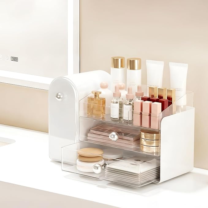 lurcns Makeup Organizer with Dustproof Brush Holder for Vanity, Large Cosmetics Organizer and Bathroom Countertop Skincare Storage with 2 Clear Drawers for Lipstick, Perfume, Eyeshadow Palettes,White