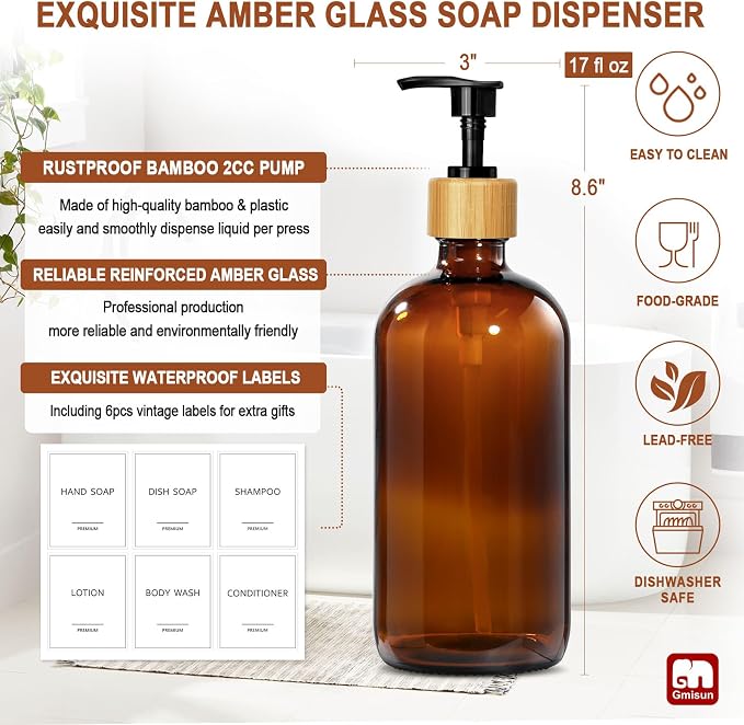 GMISUN Amber Glass Soap Dispenser, 2 Pack Bathroom Hand Soap Dispensers with Bamboo Pump, 17 Fl Oz Kitchen Hand and Dish Soap Dispenser Set, Modern Vintage Liquid Brown Soap Dispensers Bottle