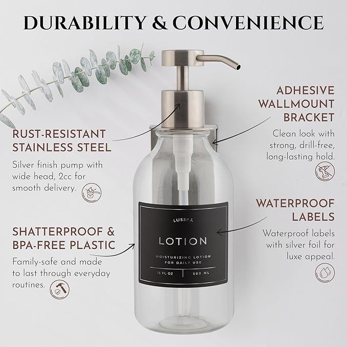 Shower Shampoo Dispenser Wall Mounted – Refillable 16.9 oz Clear Bottle with Stainless Steel Pump & No-Drill Adhesive Holder – Soap Dispenser for Bathroom (1 X Clear/Silver)