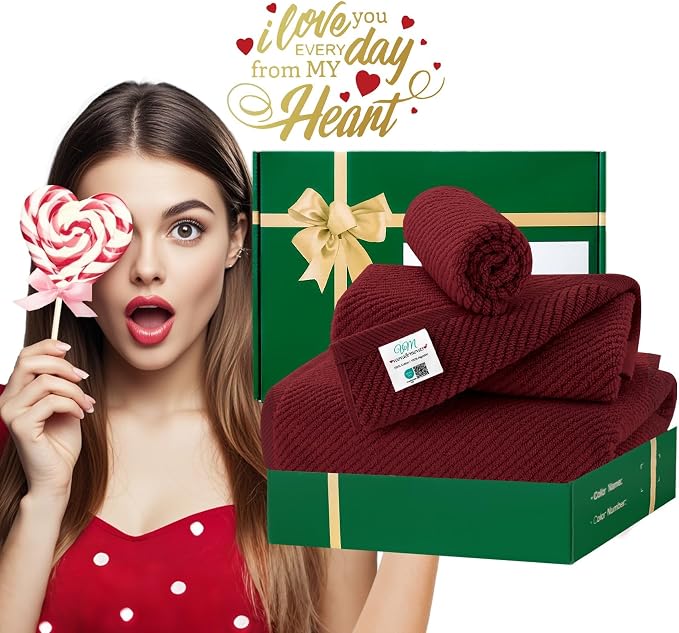 VOOVA & MOVAS 3PC Towel Set, 100% Cotton, Burgundy | 1 Large Bath 30x56 In, 1 Hand 18x28 In, 1 Wash Cloth 13x13 In, Quick Dry, Soft, Thick, Towels For Bathroom, Towel Gift