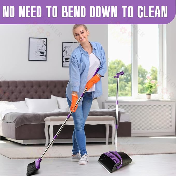 Broom and Dustpan Set with Long Handle, Light Weight Stainless Steel Poles Stand Upright Dustpans with Broom Combo for Home Kitchen Office Pet Dog Hair, 1-Pack (Purple)