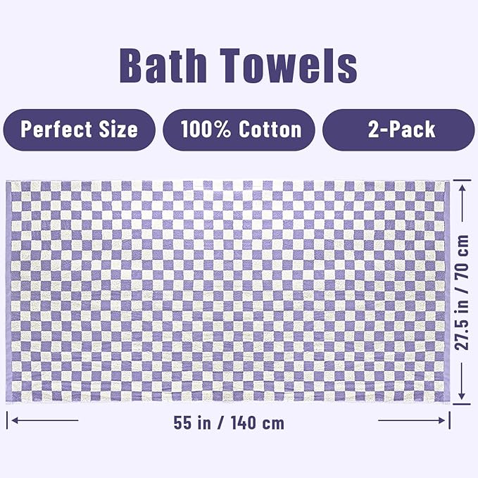 Checkered Bath Towels Set of 4 - Cotton Towels for Bathroom, Beach, Pool | Shower Towels (Purple, Yellow, Green, Orange), 520GSM