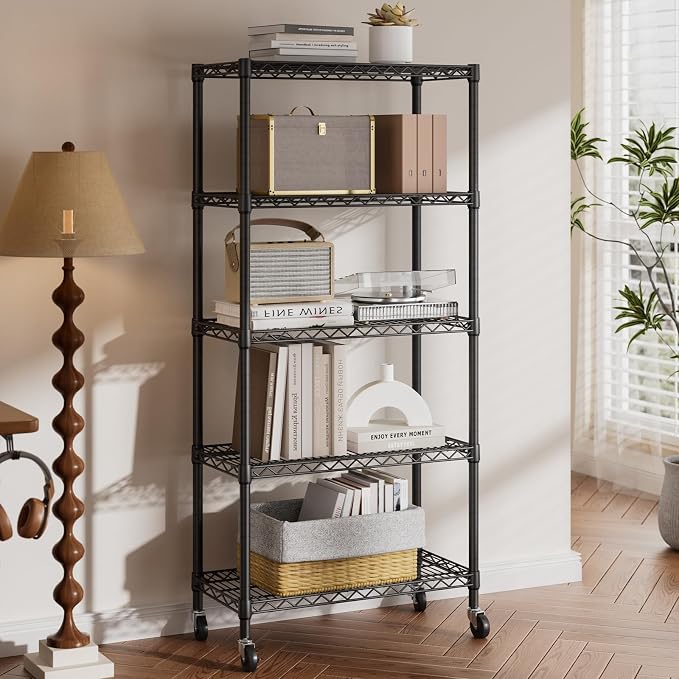 SINGAYE 5 Shelves Storage Wire Shelf Closet Metal Shelving Pantry Wheels | Shelf Bathroom Organizers Metal Kitchen Garage Shelving Unit Laundry Room Organization Home Rack Net Basket with Wheels
