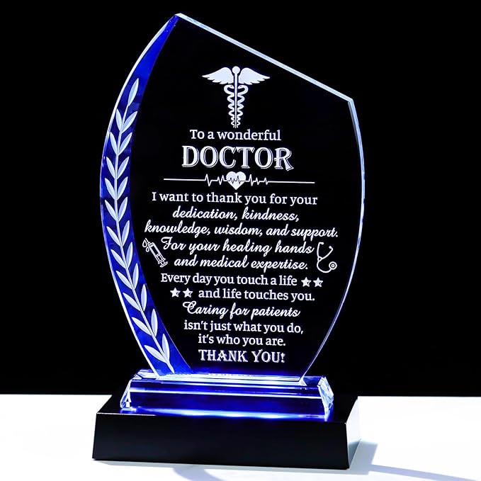 Movdyka Doctor Appreciation Gifts Crystal Plaque with Light Base Thank You Doctor Gifts for Women Men Best Doctors Day Retirement Birthday Chtistmas Thanksgiving Appreciate Plaque Decor Gift