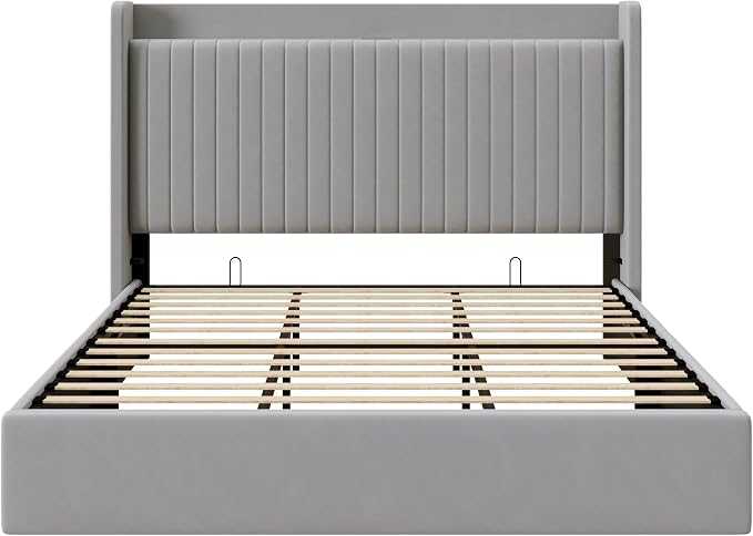 Allewie King Lift Up Storage Hydraulic Bed Frame,Charging Station,Grey | Storage Shelf Headboard with Charging Station,Type-C,USB Ports,Hydraulic Support,Velvet Upholstered,No Box Spring Needed
