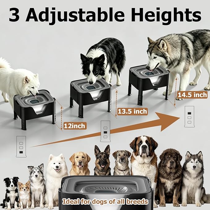 Elevated Dog Water Bowl 12L, 3.1Gal No Spill Water Bowl for Dogs with 4 Heights Adjustable Raised Dog Stand and 3 Filters Stainless Steel Dog Bowls with Anti-Mat for Large Dogs and Multi Pets