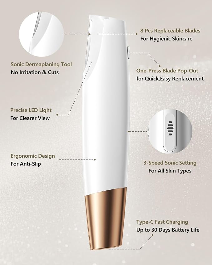 Dermaplane Razor for Women Face: Sonic Dermaplaning Tool for Silky Skin | Painless Electric Facial Exfoliation & Peach Fuzz Hair Removal with LED Light, 3 Speeds, Non-Irritating, 8 Blades (White)