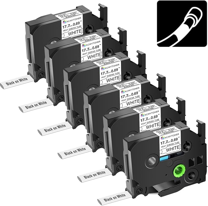 6 Pack HSe241 HS-241 17.7mm 3/4" Black on White Heat Shrink Tube Label Tape | Compatible for Brother Ptouch HSe-241 HS241 for PT-E300 PT-E500 PT-D400 PT-D600 PT-P700 PT-P750WVP PT-P710BT