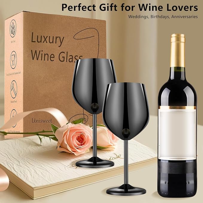 UNISWEET Unbreakable Stainless Steel Wine Glasses Set of 4, Mirror Black | 17oz Unique Fancy Metal Wine Goblets, Shatterproof, Ideal for Outdoor, Camping, Travel, Pool, Great Gift for Wine Lovers