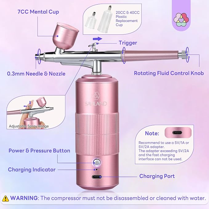 SAVILAND 30 PSI Airbrush Kit: 3X Instant Atomization Airbrush for Nails Limitless Nail Art Creativity Salon-Perfect Results Three-Mode 0.3S Instant Color Airbrush for Ombre French Paint Set
