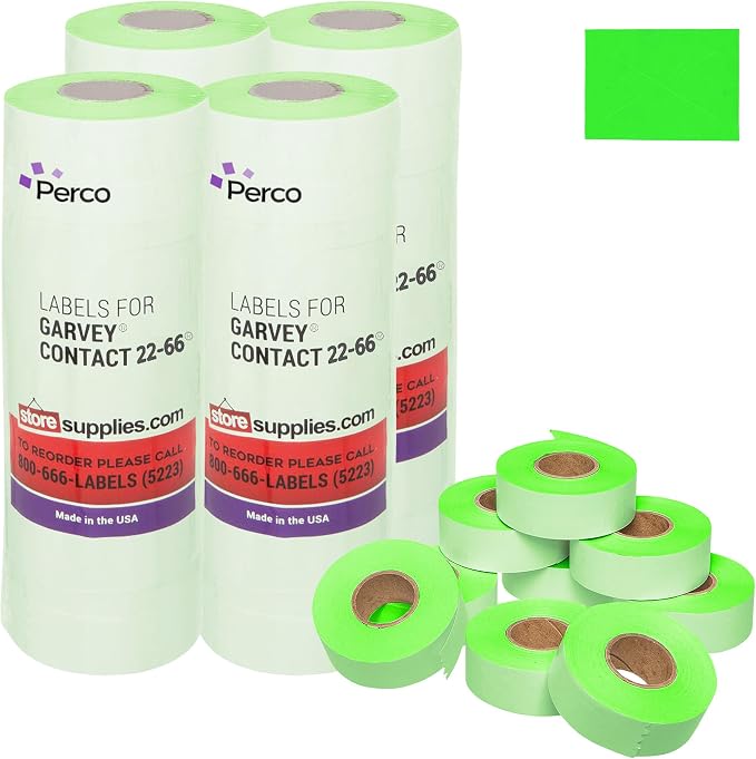 Perco Fluorescent Green Price Marking Labels - 36,000 Blank Labels for Garvey 22-66/22-77/22-88 Two Line Pricing Gun with Ink Rolls Included - 36 Rolls, 4 Sleeves - Made in USA