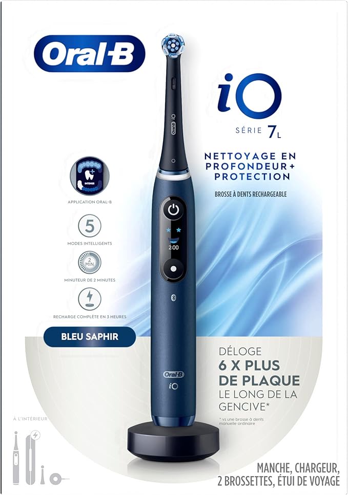 Oral-B iO Deep Clean + Protect Rechargeable Electric Toothbrush, Saphire Blue, iO Series 7, 2 Replacement Brush Heads, Charging Travel Case