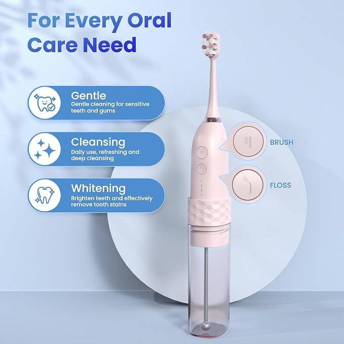 UNINGOPI Electric Toothbrush with Water flosser, 2 in 1 Teeth Cleaning Kit, Toothbrush and Water flosser Combo, Travel Toothbrush with Water Bottle(Pink)