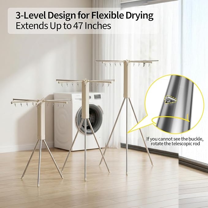 BIREN Foldable Clothes Drying Rack Tripod Clothes Rack with Clips Heavy Duty Laundry Rack Portable Clothing Racks for Travel, Camping, Hotel, Apartment, 6 Poles
