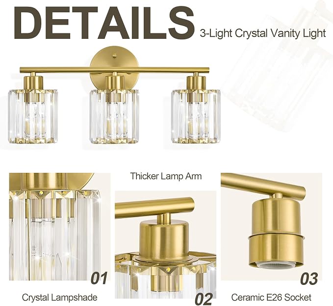 Crystal Bathroom Light Fixtures, Bathroom Lighting Fixtures Over Mirror, Modern 3-Light Gold Vanity Lights for Mirror, Restroom, Kitchen(Ceramic E26 Socket,Bulbs Not Include)