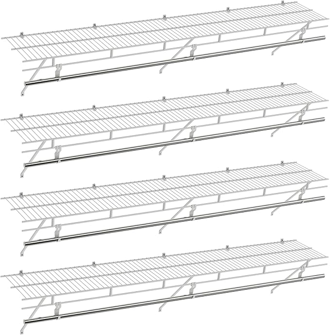 COSTWAY Closet Shelves Wall Mounted, Ventilated Shelf with Hanging Rod | Metal Wire Shelving Kit, Wire Wall Shelf for Laundry Room, Bedroom, Home, Mounting Accessories Included (4, 6 ft x 12 in)