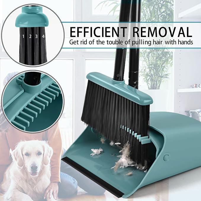 JEHONN Broom and Dustpan Set for Home Room Kitchen Office, Long Handle Lightweight 180 Degree Rotating Broom, Upright Standing Dust Pan with Comb Teeth