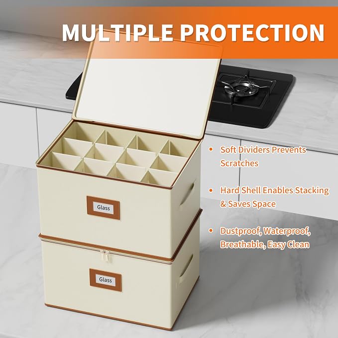 2-Pack Wine Glass Storage Box with Dividers, Hard Shell Stemware Storage | Holds 24 Crystal Glasses, Drinkware, Quilted, Dual Zippers, Reinforced Handles, Stackable, Moving and Seasonal Storage, Ivory