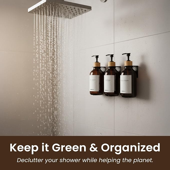 Shampoo and Conditioner Dispenser Wall Mounted Set of 3 Amber Bamboo - No Drill Shower Soap Dispenser for Bathroom Refillable - Spa Hotel Style Accessories by MaisoNovo | 500 ml Shower Gel Dispenser Set of 3. Refillable Shampoo and Conditioner Bottles....