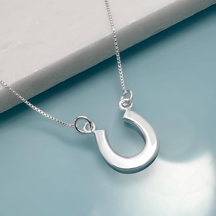 Sterling Silver Horseshoe Necklace for Women, Good Luck Equestrian Pendant | Polished horseshoe worn open side up to hold good fortune, suited to riders, equestrians, graduates, and new beginnings