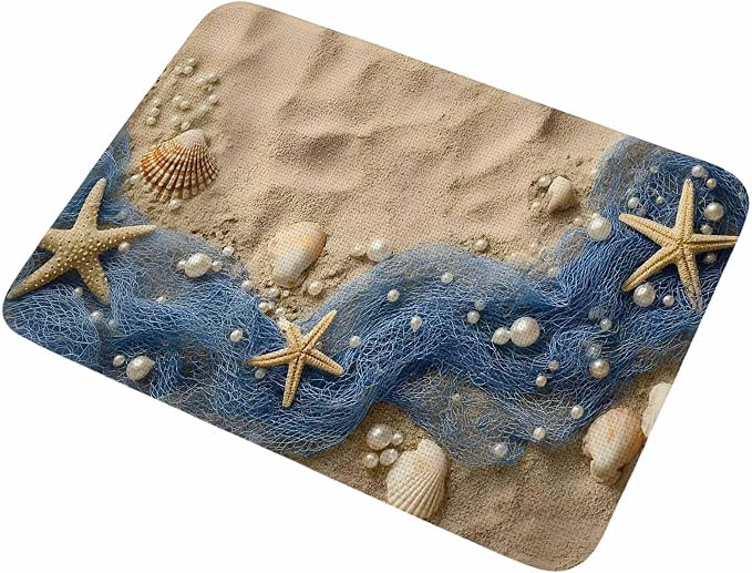 Entryway Rug Indoor Outdoor 31.5"x47.2", Coastal Beach Absorbent Non Slip Floor Mat, Summer Nautical Blue Fishing Net Conch Low-Profile Welcome Mats for Front Door Patio Mudroom Garage Entrance