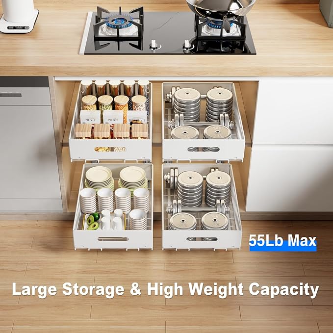 MUSTORN 2 Pack Pull Out Cabinet Organizer, Slide Out Cabinet Drawers Peel and Stick Pull Out Drawers Heavy Duty Pull Out Shelf for Kitchen, Cupboard, Pantry, Bathroom (16.5" D*11.8" W*3.94" H-White)
