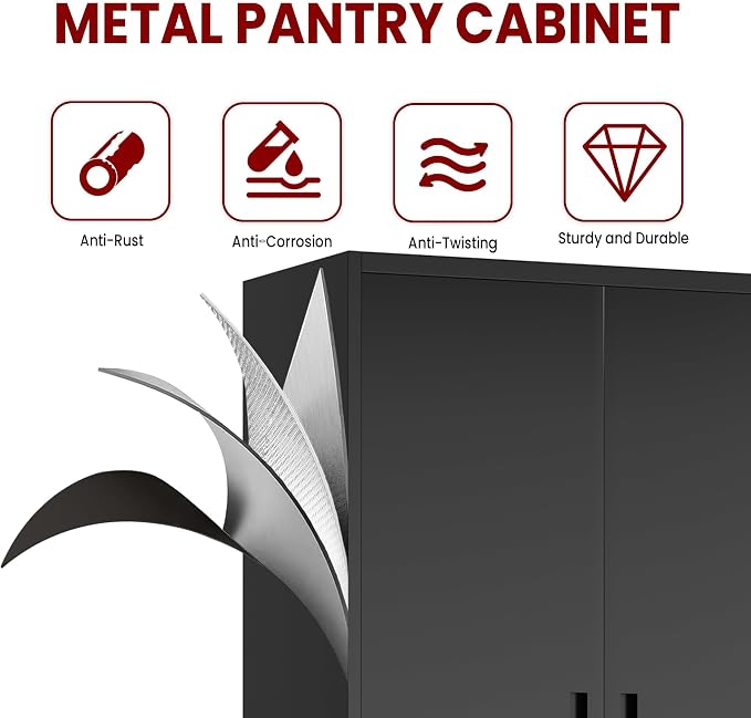 AQY Kitchen Pantry Cabinet,73" Black Pantry Storage Cabinet with 4 Tier Adjustable Shelves and 2 Doors,Freestanding Cupboard,Metal Pantry Cabinets with Handle for Living Room Kitchen Assembly Required
