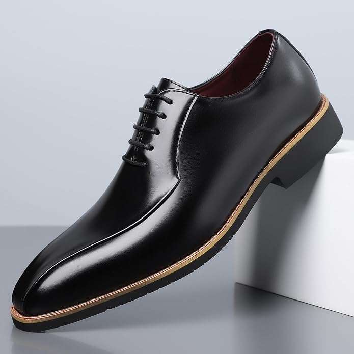 Santimon Men's Leather Dress Shoes - Oxford Lace Up Formal Business Shoes for Men - Polished Leather Dress Shoes with Low Heel