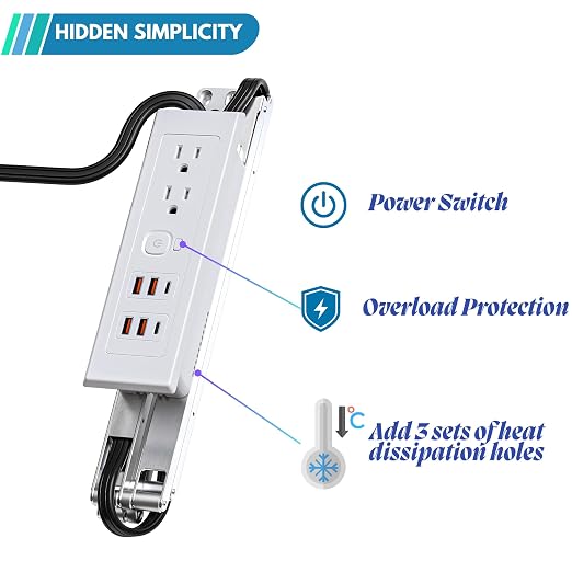 Drawer Outlet Kit USB C PD20W Fast Charging Station USB Power Cabinet Plug Charging Strip Recessed Vanity Table Box Desk Nightstand Mount Organizer, 14 AWG Power Cable for Kitchen Bedroom-White