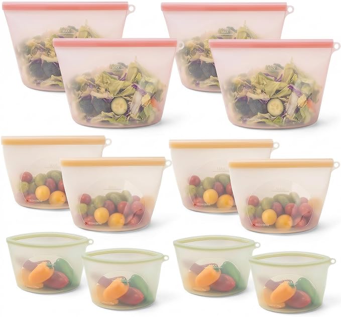 12-Packs Slider Reusable Silicone Food Storage Bags, 100% Silicone Stand-Up Wide-Open Leakproof Reusable Storage Bags for Food, Freezer Microwave Oven Dishwasher Safe, Eco-Friendly, Mixed 4L 4S 4XS