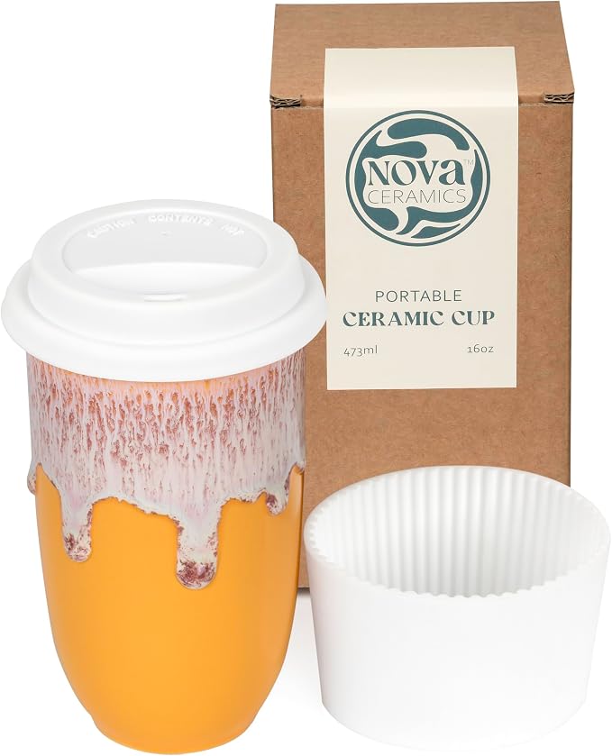 NOVA CERAMICS Ceramic Tumbler– Ceramic Travel Mug With Lid – Microwave & Dishwasher Safe Coffee White & Orange Tumbler - Gifts For Women Men Him Her – 16oz – Grapefruit