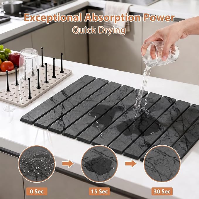 Stone Drying Mat for Kitchen Counter (24”x16”) with Dish Rack | Quick Dry Diatomaceous Earth Dish Mat– Foldable Water Absorbing Drying Organizer Pad for Countertop Plate Bottles Cups(Dark)
