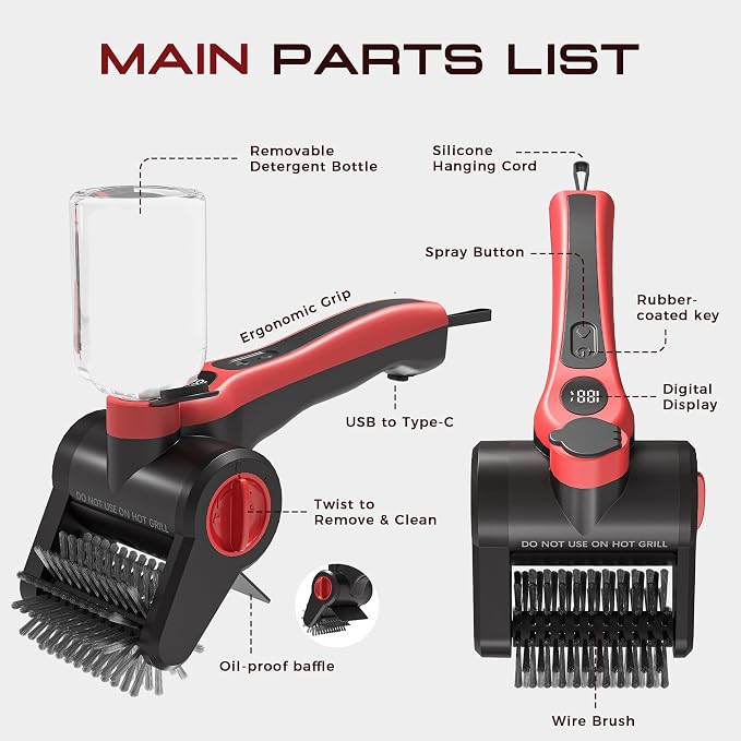 Electric Grill Brush, 100W High Power Cordless BBQ Cleaner with 300ml Water Spray Tank, IPX8 Waterproof Automatic Scrubber for Gas Charcoal Grills, 2-Speed Rechargeable Power Brush with Scraper