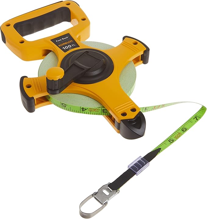 Komelon 8811 Fast Back Open Reel Long Tape Measure with Double Nylon Coated Fiberglass Blade 100-Feet by 1/2-Inch, Yellow,White