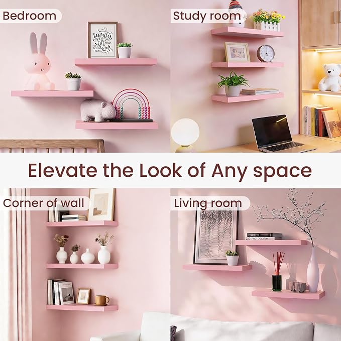 BAYKA Pink Floating Shelves for Wall Set of 3, 15.7in Wood Wall Shelves for Bathroom, Bedroom, Living Room Decor Organize, Hanging Shelf for Books/Storage/Display with 22lbs Capacity
